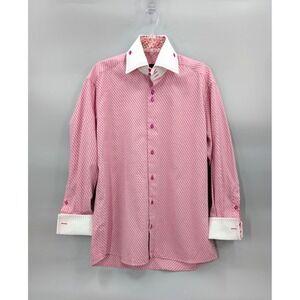 AXXESS Pink Dress Shirt Mens Medium Striped High Collar 100% Cotton Modern Fit